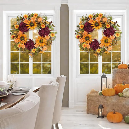 Sunflower Wreaths for Front Door, 24'' Autumn Wreath with Sunflower Hydrangeas & Leaves for Porch Window, Halloween Thanksgiving Wreaths for Home Decor