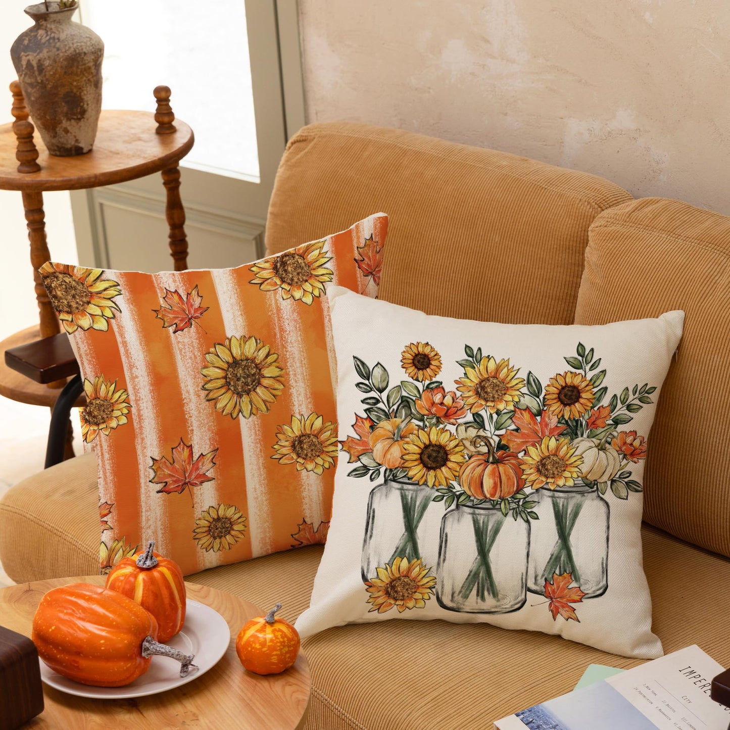Tikeciti Fall Sunflower Pillow Covers Orange Pumpkin 18 x 18 Inch Throw Pillows, Thanksgiving Hello Autumn Floral Seasonal Decorative Farmhouse Cushion Case for Sofa Couch Set of 4