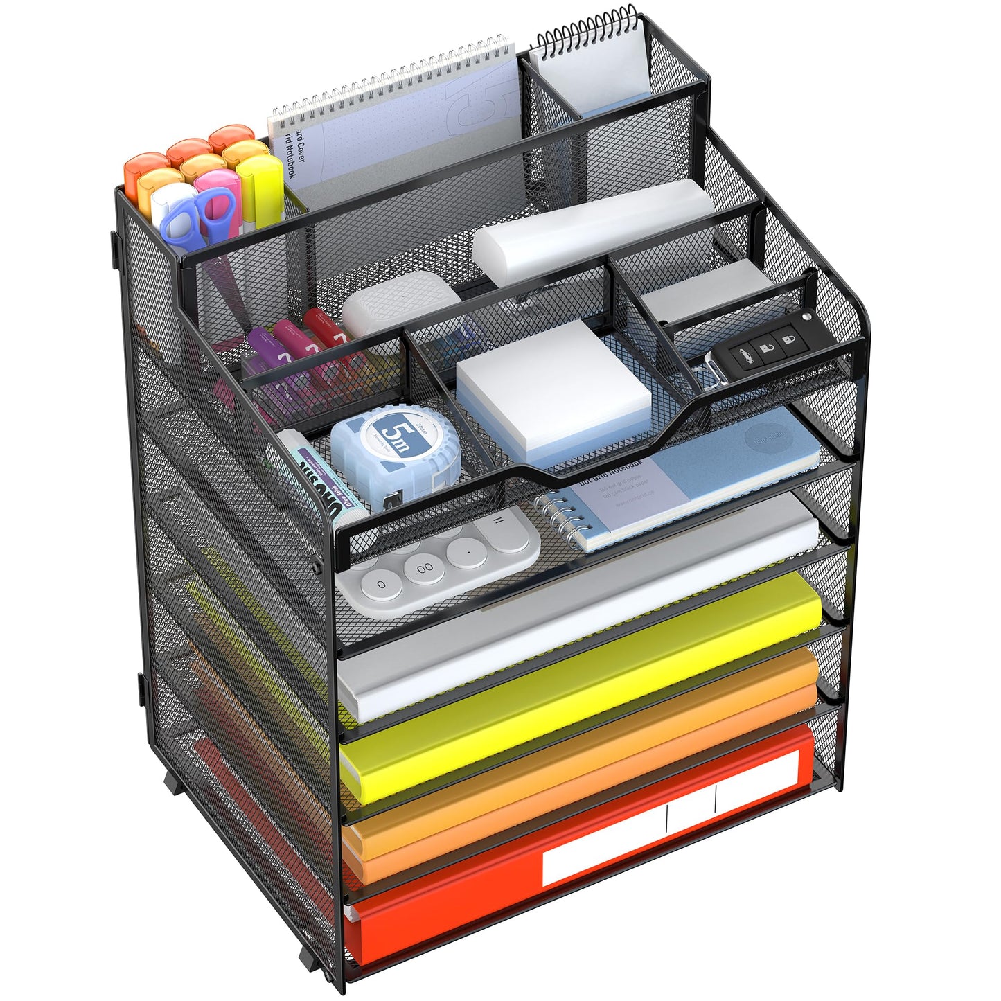 Docnest 6 Tier Mesh Desk Organizer for Paper Office Supplies – Multi-Functional Letter Tray with 5 Adjustable Compartments, 3 Pen Holders, Desktop Storage for Files, Mail, Stationery – Black