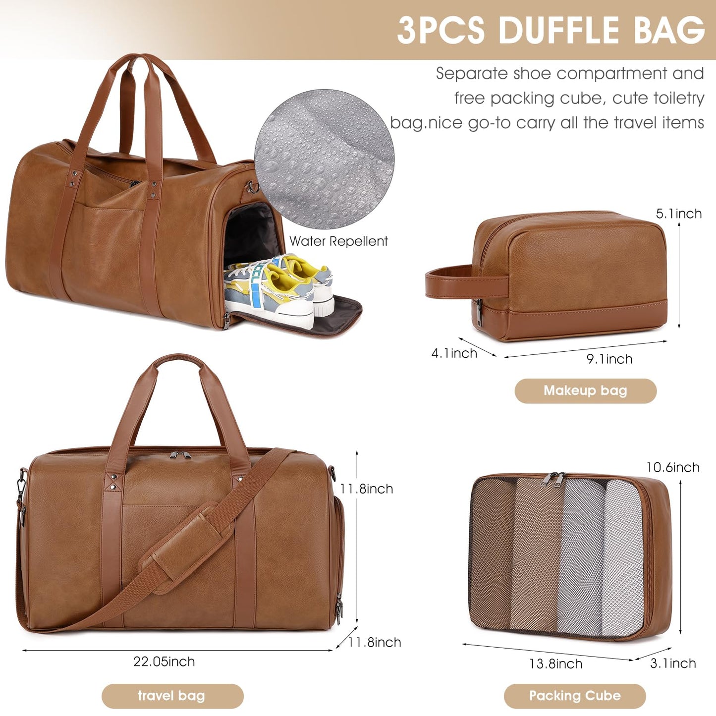 Wogarl 3PCS Faux Leather Weekender Bag for Women Men Large Overnight Bags Travel Duffel with Shoe Compartment Toiletry Packing Cube Carry On Tote Fit 21" Laptop(Light Brown)