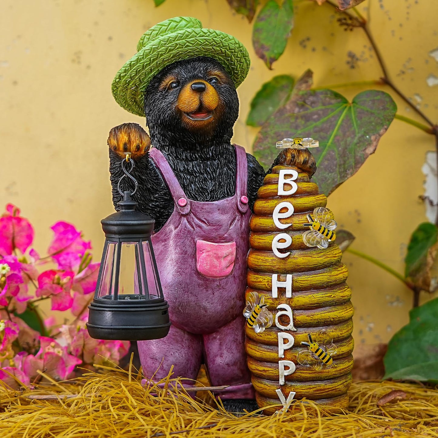 Joint Honglin Solar Black Bear Garden Statue with Lighted Beehive & Lantern, Resin Bear Holding Honey Bee Hive, Outdoor Waterproof Solar Garden Decor, Yard Lawn Patio Porch Farmhouse Decoration
