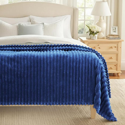 decorUhome Soft Fleece Navy Blue Throw Blanket for Couch, Cozy Fluffy Plush Flannel Striped Blanket for Sofa Bed, Lightweight Decorative Ribbed Fuzzy Blanket for Woman, 50x60 Inches