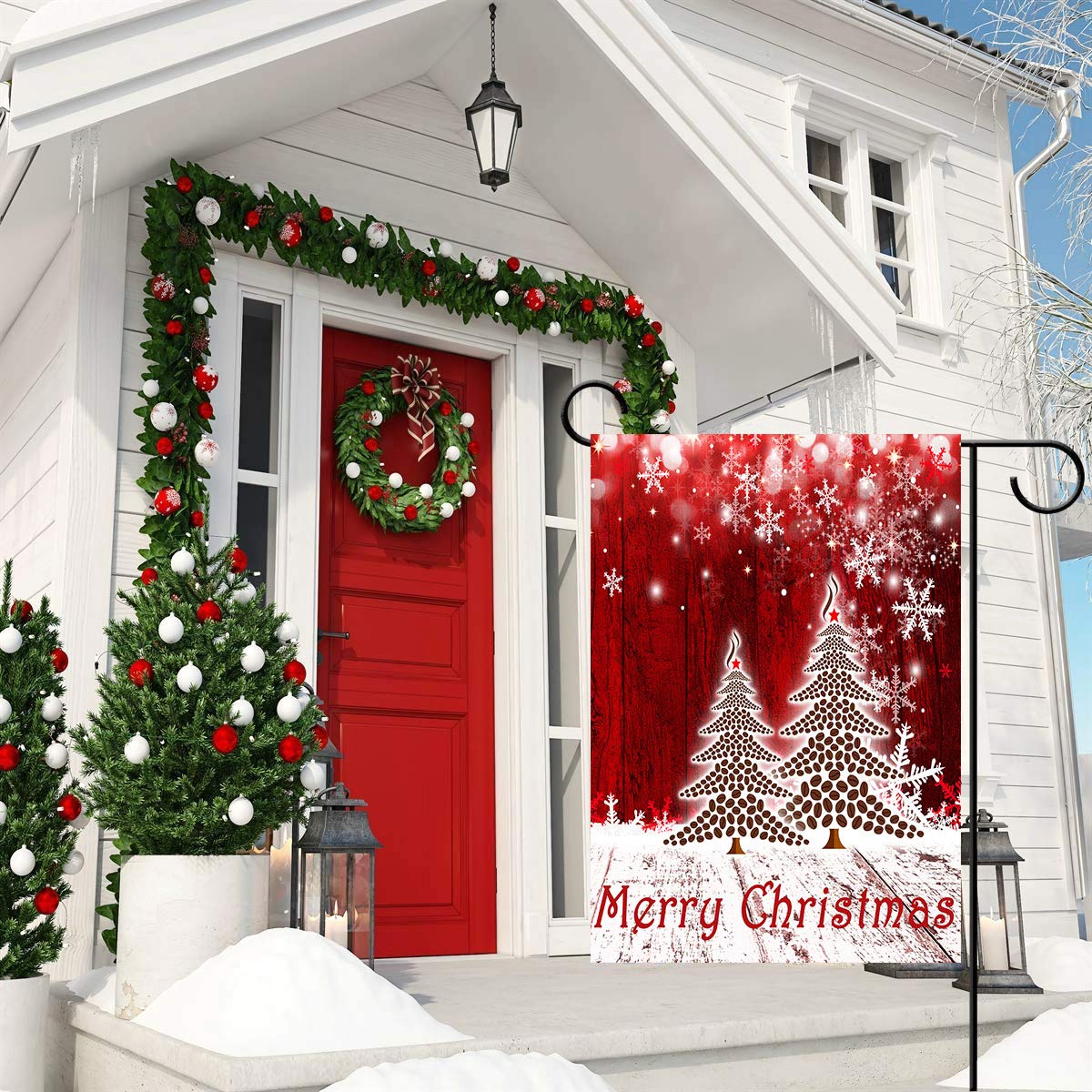 Merry Christmas Tree Red Garden Flag Winter Snowflake Double Sided Flags 12" x 18", Xmas Rustic Winter Snow Holiday New Year Small Garden Flag Banner Yard Outdoor Decoration Home Decor