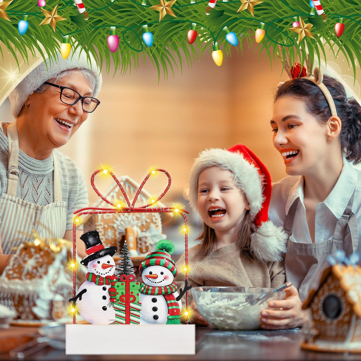 Cinnvoice Winter Snowman Tabletop Decorations Wooden Lighted Winter Snowmen Gift Box Tree Ornament with Metal Frame Red Green Battery Operated LED Light up Holiday Sign for Indoor Mantel Shelf Decor