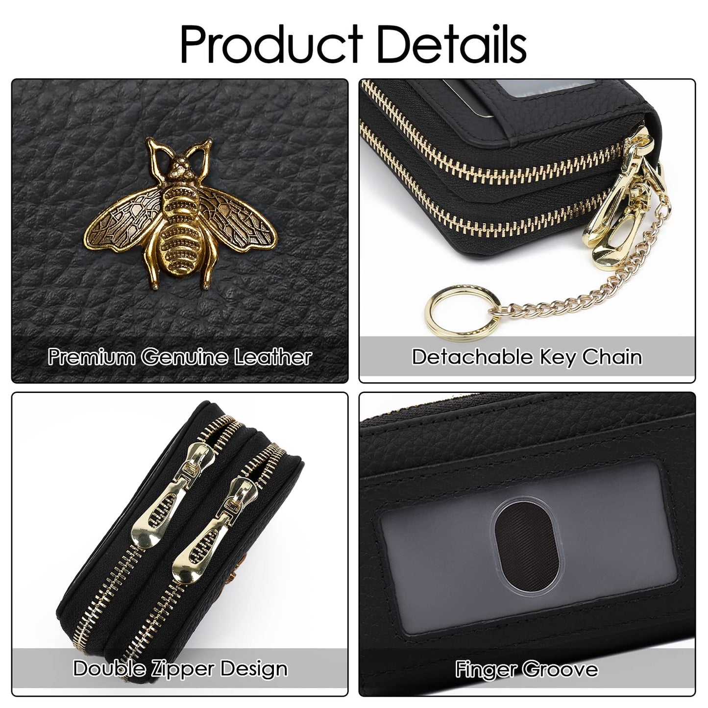 imeetu RFID Credit Card Holder, Small Leather Double Zipper Card Case Wallet for Women (Max,Black)
