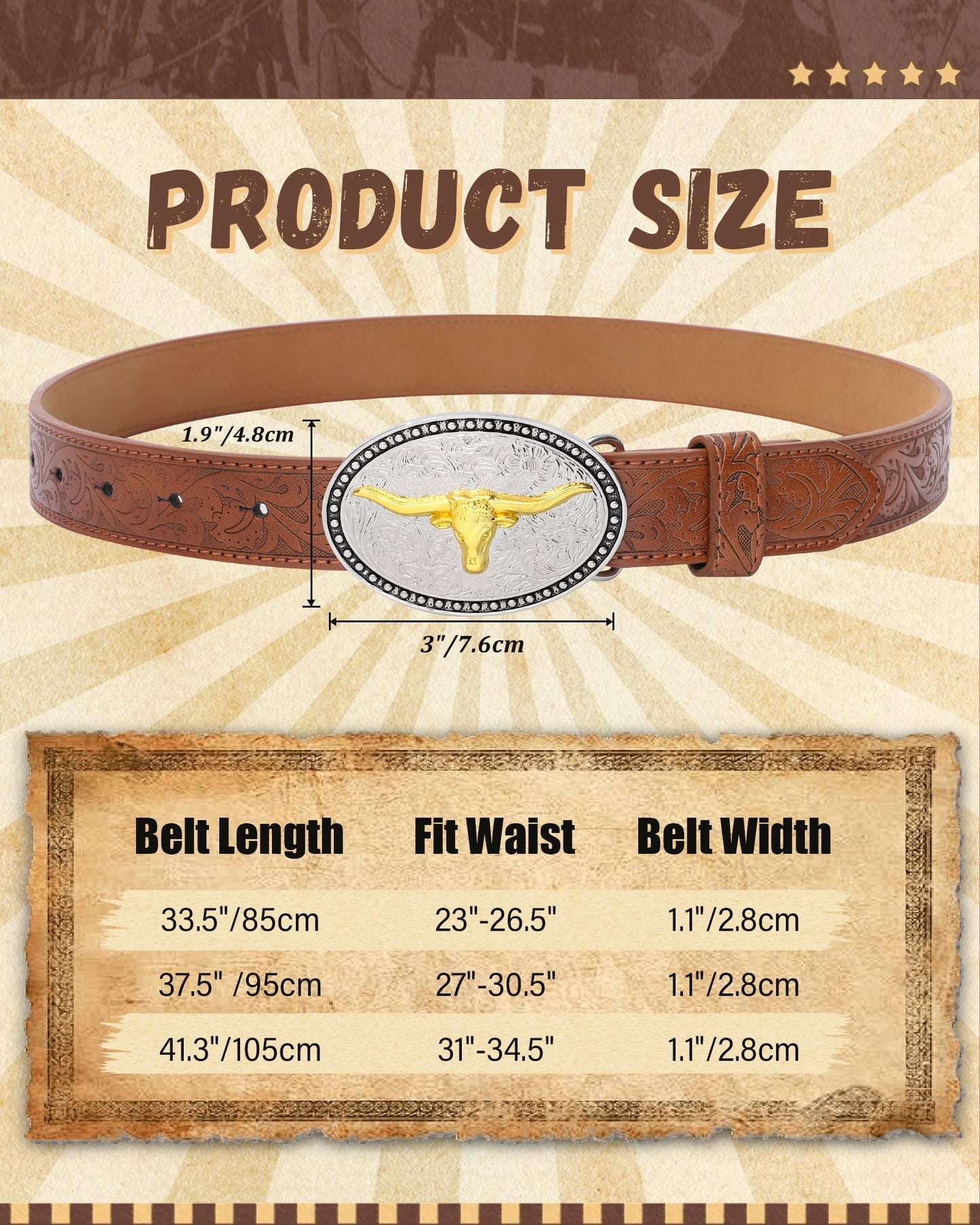 AWAYTR Kids Western Belt with Detachable Buckle - PU Leather, 3 Sizes (23"-34.5"), Adjustable for Daily Wear & Halloween (Cow Buckle-Brown, Fit Waist: 26.5"-30")