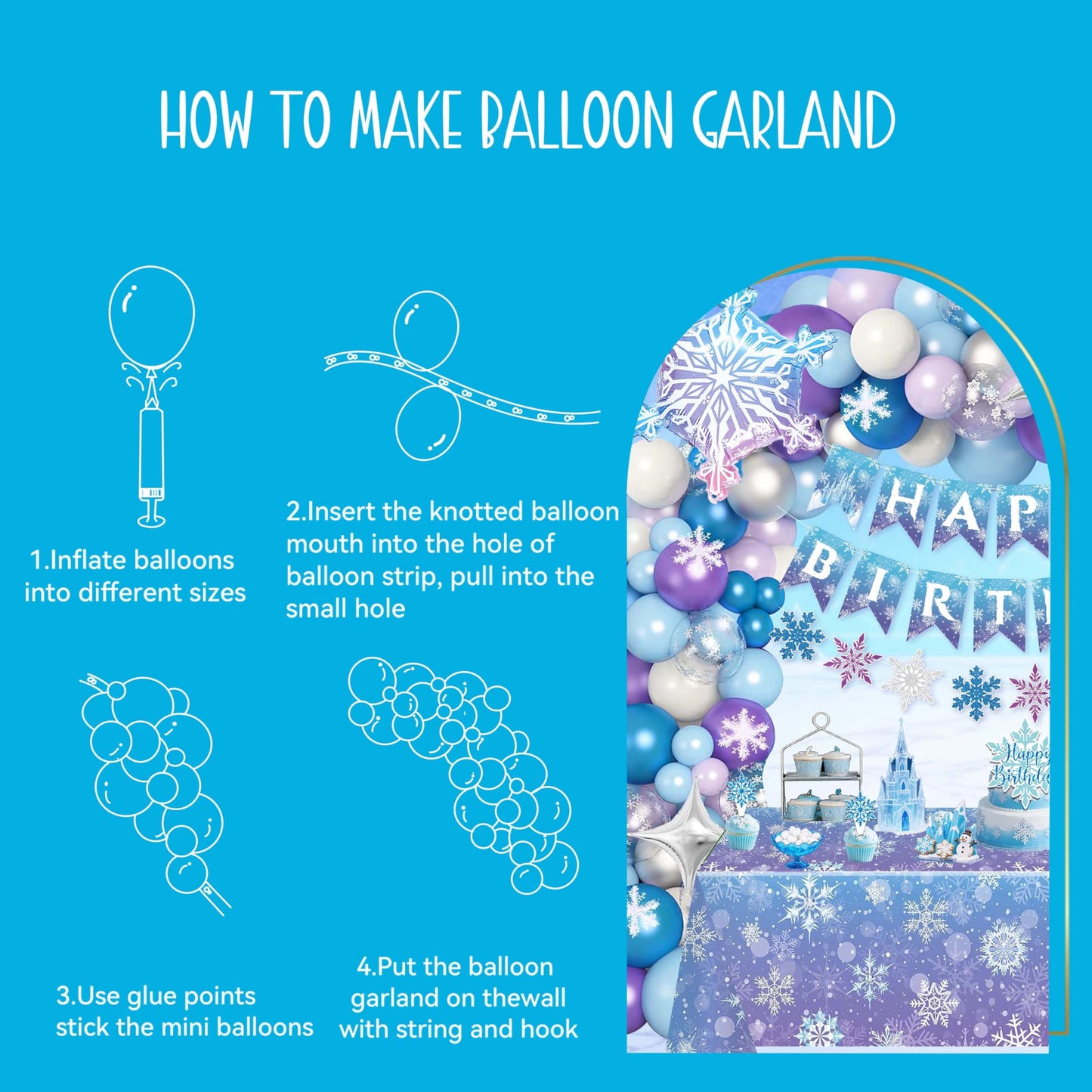 Frozen Birthday Decorations for Girls,Happy Birthday Banners,Blue Purple Balloon Arch Garland Kit,Party Decor Supplies,Foil Snowflake Balloons,Tablecloth