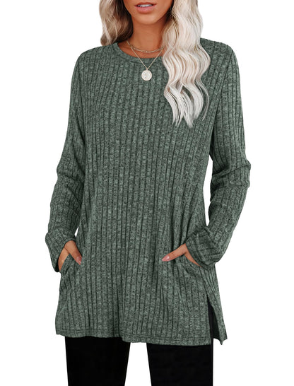 SAMPEEL Womens Sweaters Crewneck Long Sleeve Shirts with Pockets Fall Outfits 2025 Fashion Winter Clothing Side Slit