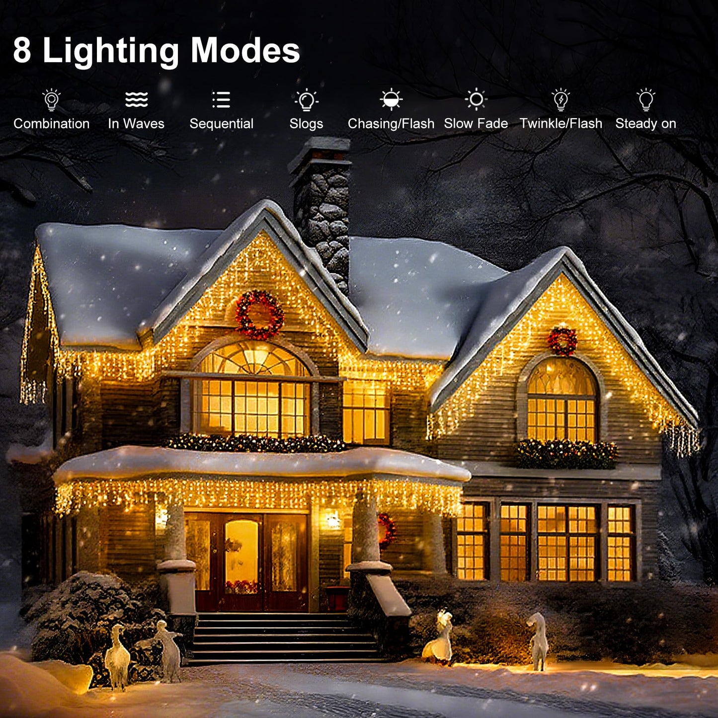 Icicle LED Christmas Lights Outdoor , 520 LED 49.2FT 8 Modes with 80 Drops Warm White Icicle Lights,Remote Control Outdoor Indoor Fairy String Lights for Christmas Party,Holiday,Wedding Decorations