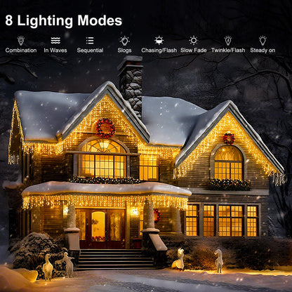 LED Icicle Lights for Outdoor Christmas Decorations,118Ft 1200 LEDs Christmas Fairy Light with Timer&Memory Function,8 Lighting Modes,Plug in hanging Curtain Lights for Xmas Party Wedding(Warm White)