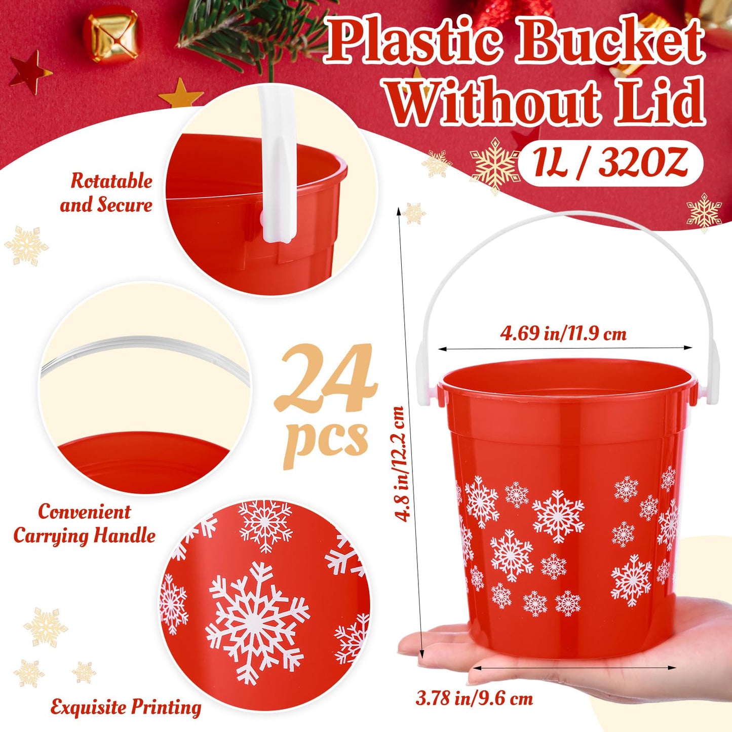 Sunnychicc 24 Pcs Christmas Plastic Buckets with Handle 4.69 x 3.78 x 4.8 Inch Christmas Snowflake Buckets Small Red Candy Pails Gifts Decorative Item Baskets for Winter Holiday Party Decorations