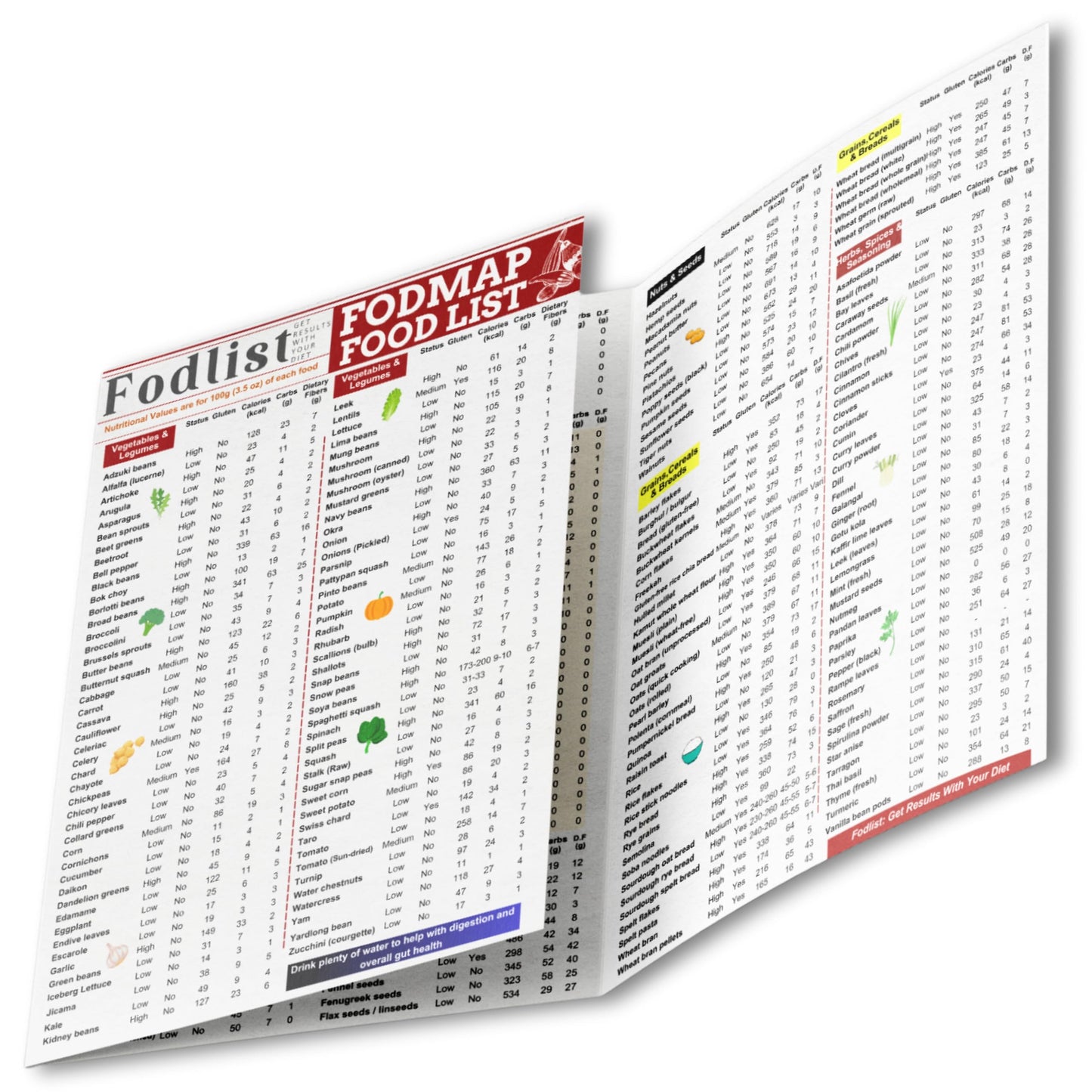 Fodlist Fodmap Chart. Low Fodmap Food list Chart for Grocery & Nutrition that Supports Gut Health, IBS Relief, and Enhances the Elimination Diet. Pamphlet, Laminated, 8"x11"