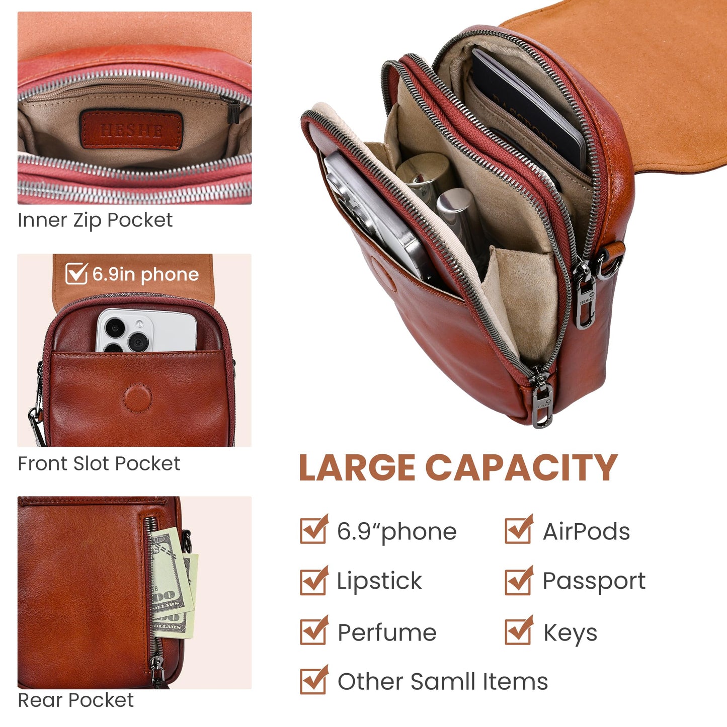 HESHE Leather Small Crossbody Bags for Women RFID Blocking Cell Phone Purse Anti-Theft Travel Bag with wide Straps (Retro Brown)