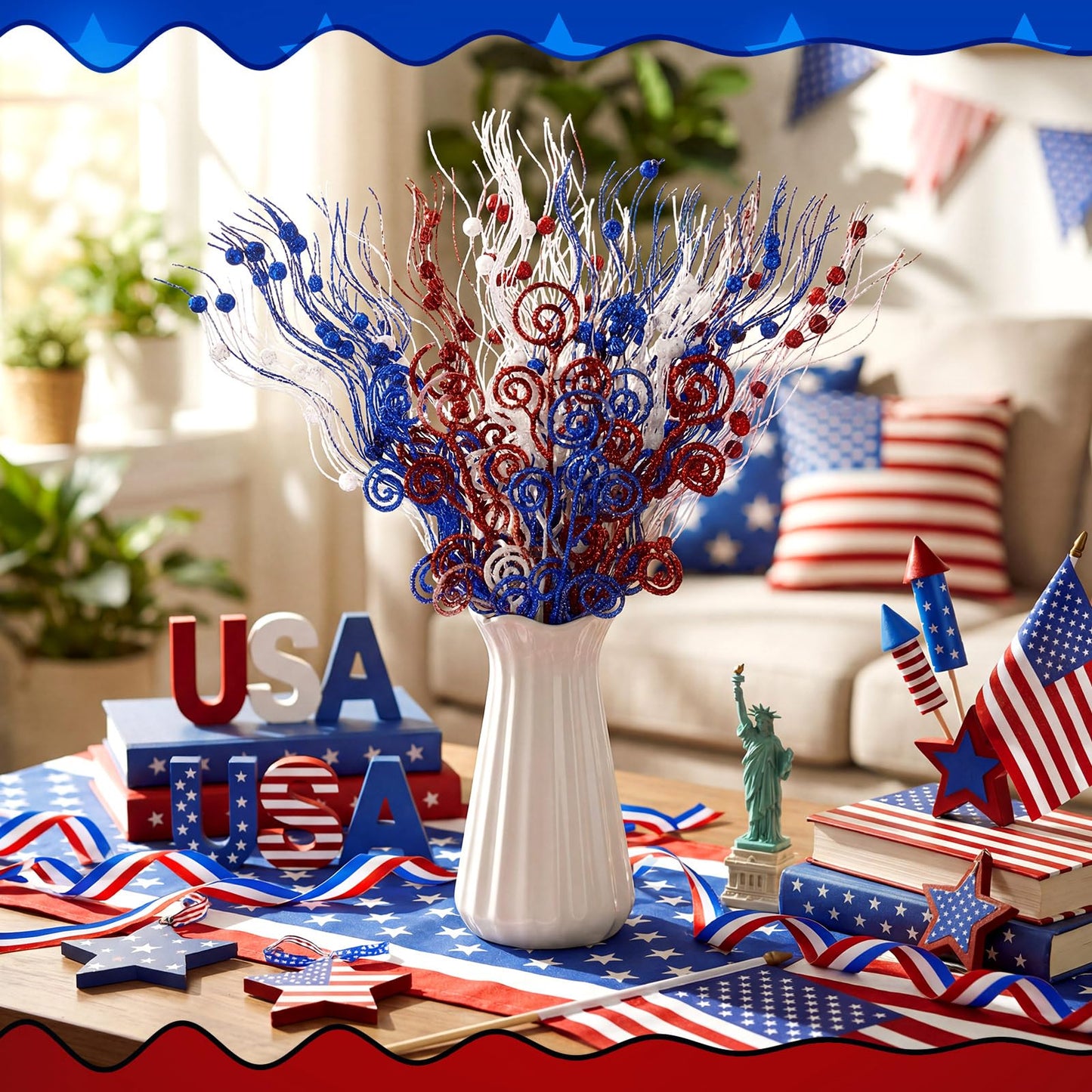 Daifunli 36 Pcs Red Blue White Patriotic Berry Stem Pick and Sprays Ornament 4th of July 17'' 12'' Artificial Flowers 250th Anniversary Independence Day Glitter Branch Stick Filler for Wreath Vase