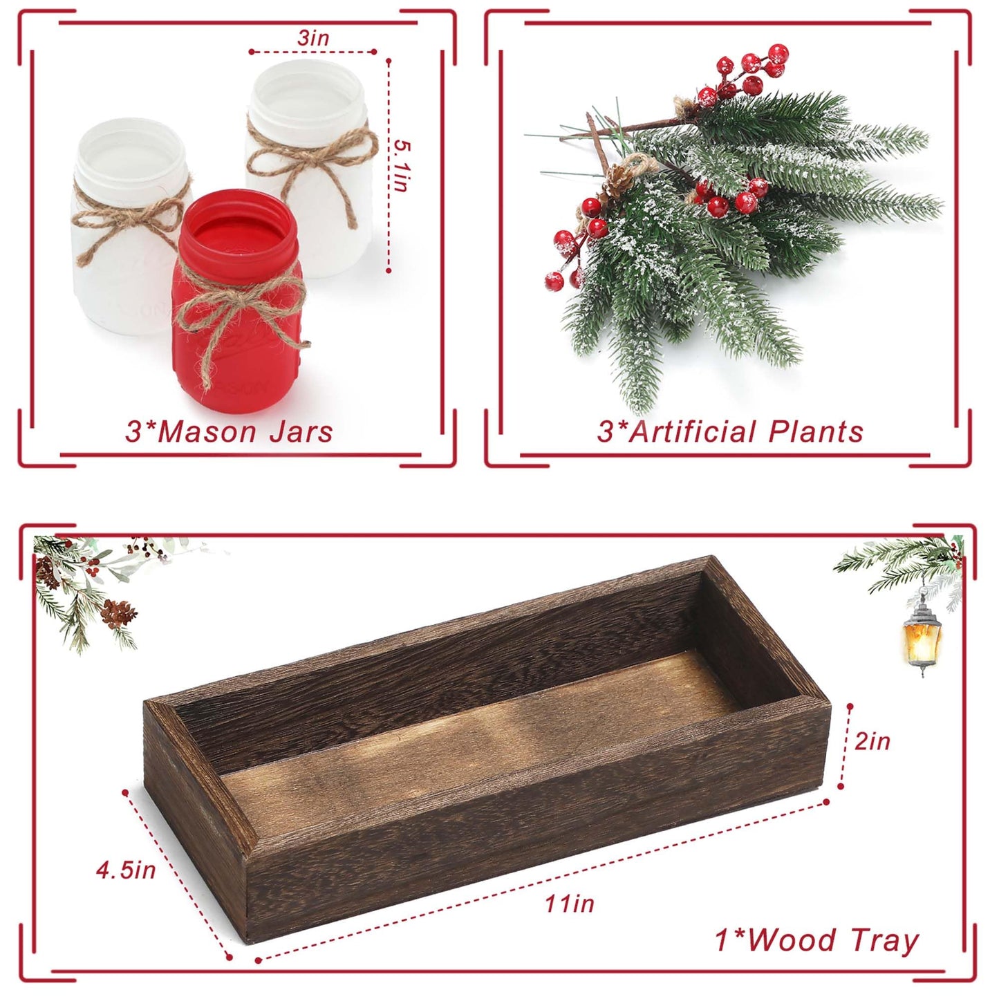 Christmas Mason Jars, Christmas Centerpieces for Tables, Wood Tray & 3 Painted Decorative Jars, Xmas Table Centerpieces Decoration, Farmhouse Dining Table Kitchen Decorations Home Decor