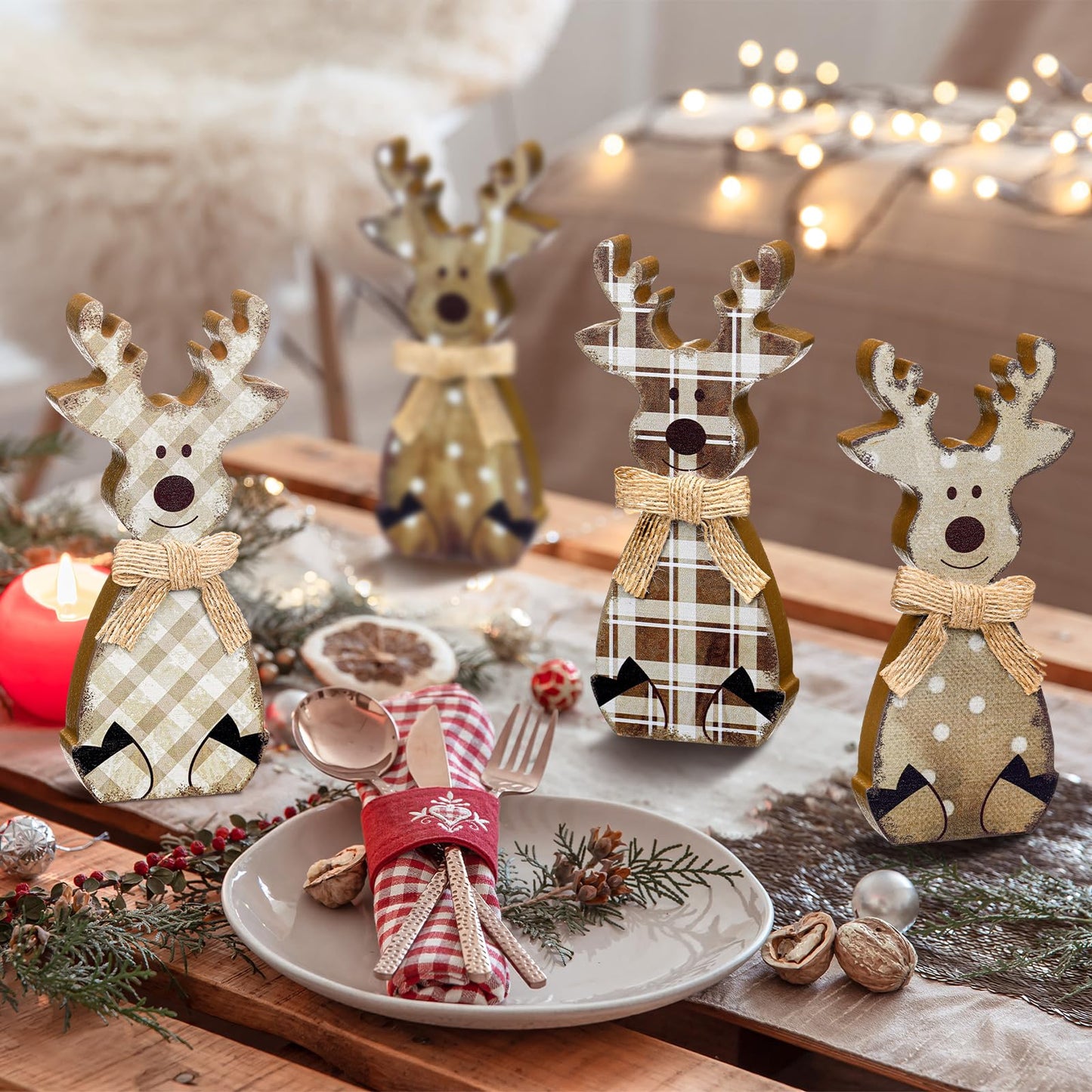 Yousoontic Neutral Wooden House Decor Rustic Farmhouse Spring Tiered Tray Decor Spring Mantel Decoration for Home Desk Shelf Table Centerpiece Decoration(6 Pcs,Reindeer)