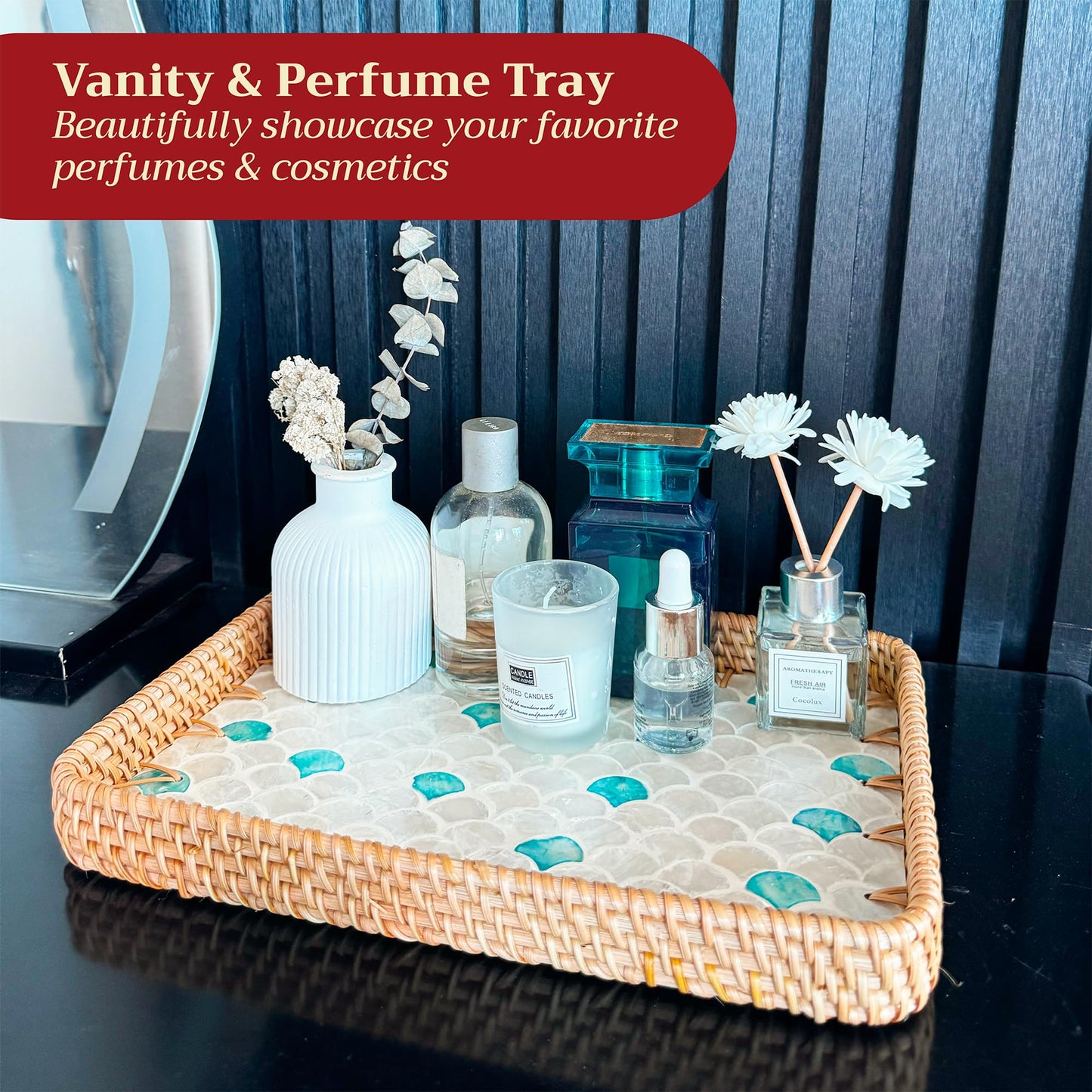 Rattan Tray Rectangle with Mother of Pearl – Unique Decorative Rattan Serving Tray for Food, Bread, Fruits, Snacks & Organizing Bathroom, Coffee Table – Christmas & Housewarming Gift (Fin 13.3"x9.4")