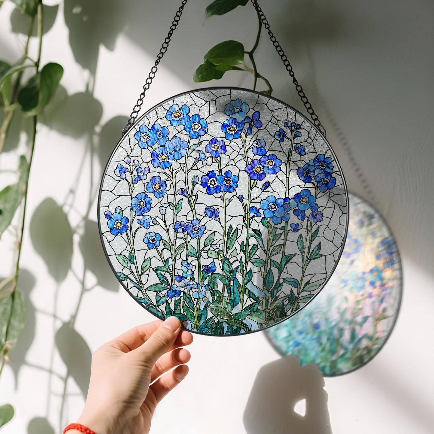 8 Inch Stained Glass Window Hanging, Forget Me Not Flower Stained Glass Suncatcher, Window Decor, Plant Lover Gift for Women, Forget Me Not Gifts for Couples, Best Friend, Family, Colleague, Classmate