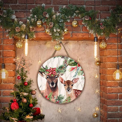 Deer Xmas Door Hanger Holly Tree Flowers Sign for Front Door Winter Deer Floral Hanging Porch Christma Decorations for Outdoor