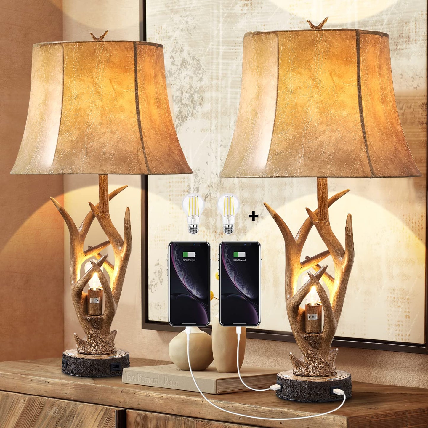 Dungoo Rustic Western Deer Table Lamps with Nightlight Set of 2, 26" Rustic Bedside Lamps for Bedroom with 2 USB Ports, Natural Antler Table Lamp for Christmas Living Room Foyer Office