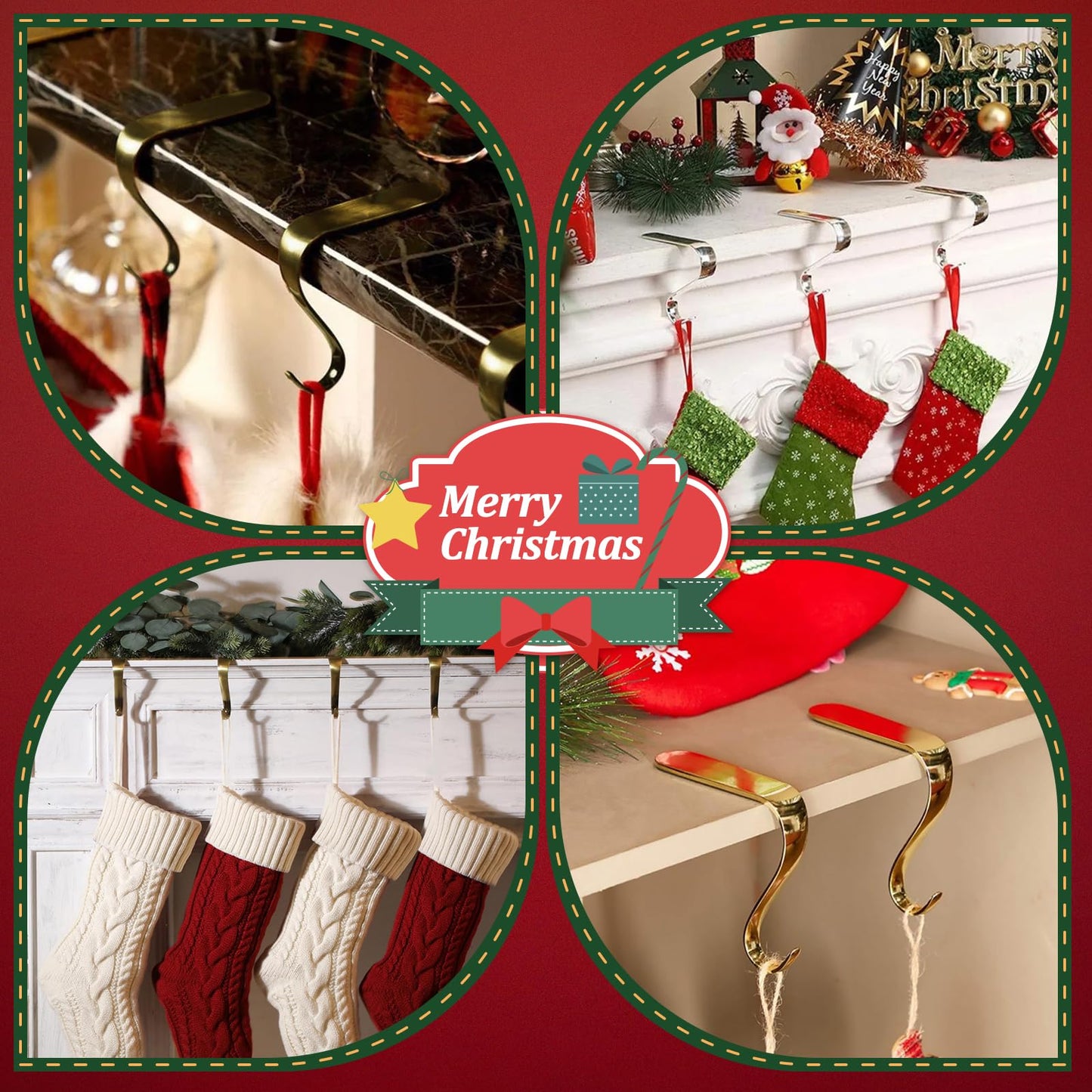 Edoneery Christmas Stocking Holders for Mantle with Silicone Anti-Slip Strips, Fireplace Mantel Stocking Hangers for Shelf, Garland Grips Hooks for Xmas & Family Party Decoration (Black, 4)