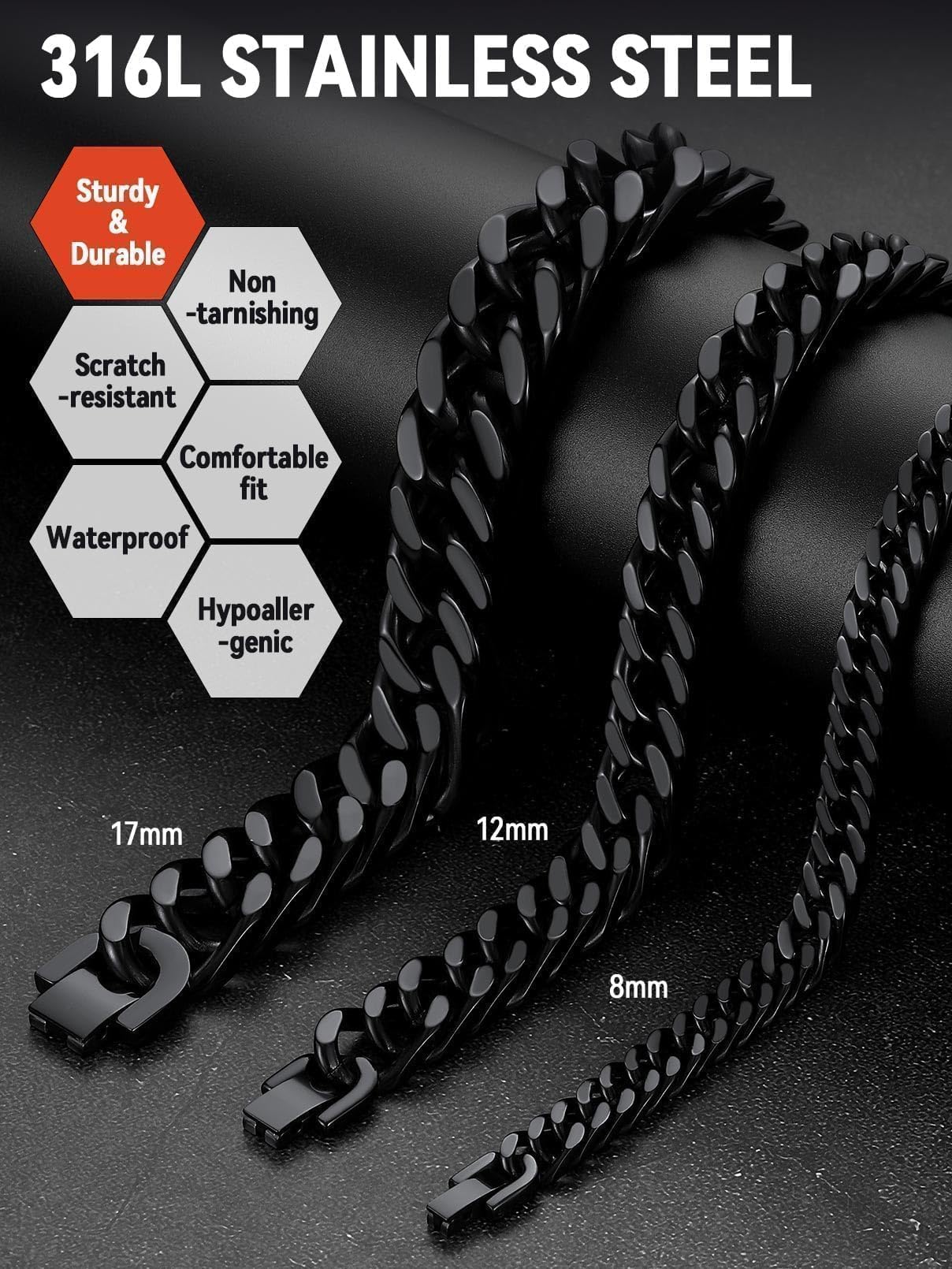 FaithHeart Cuban Link Black Bracelet for Men, 8/12/17mm Width Stainless Steel Wrist Bracelets Men's Hip Hop Jewelry 7.5/8.3/9.1 Inch Length for Valentine's Day/Father's Day/Birthday/Christmas