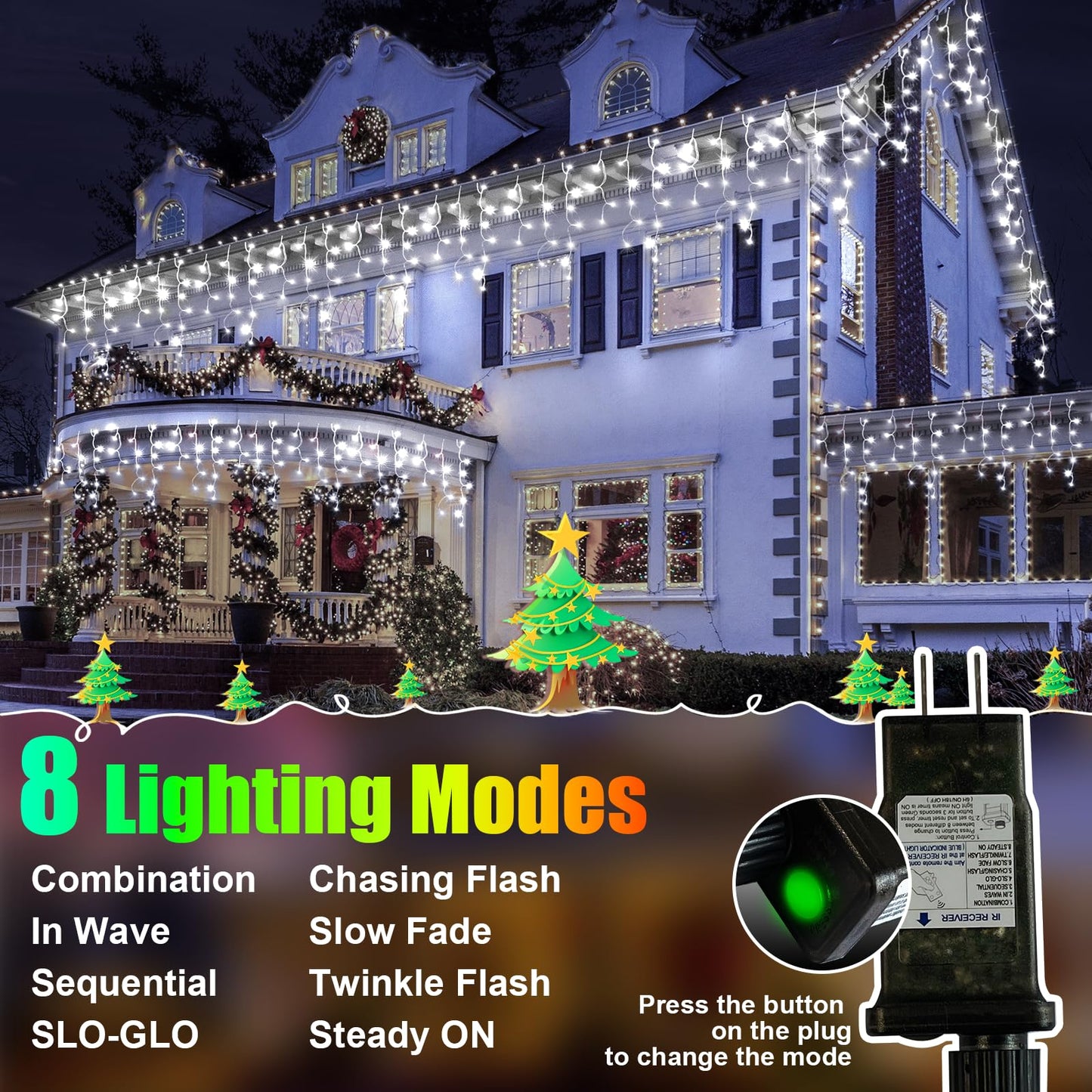 FLVOECN Christmas Lights Outdoor, 98FT 900LED Ice Lights for Outside, Ice String Lights with 8 Modes, Waterproof Timer Memory Hanging Light for Eaves Party Yard Garden(Cool White)