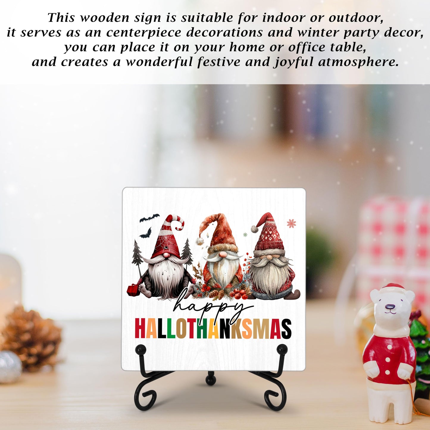 Cazhes Cute Christmas Gnomes Wooden Decor, Hallothanksmas Christmas Decorations for Home Bedroom, 5x5 Inches Xmas Decor with Iron Stand, Birthday New Year Gifts-G13
