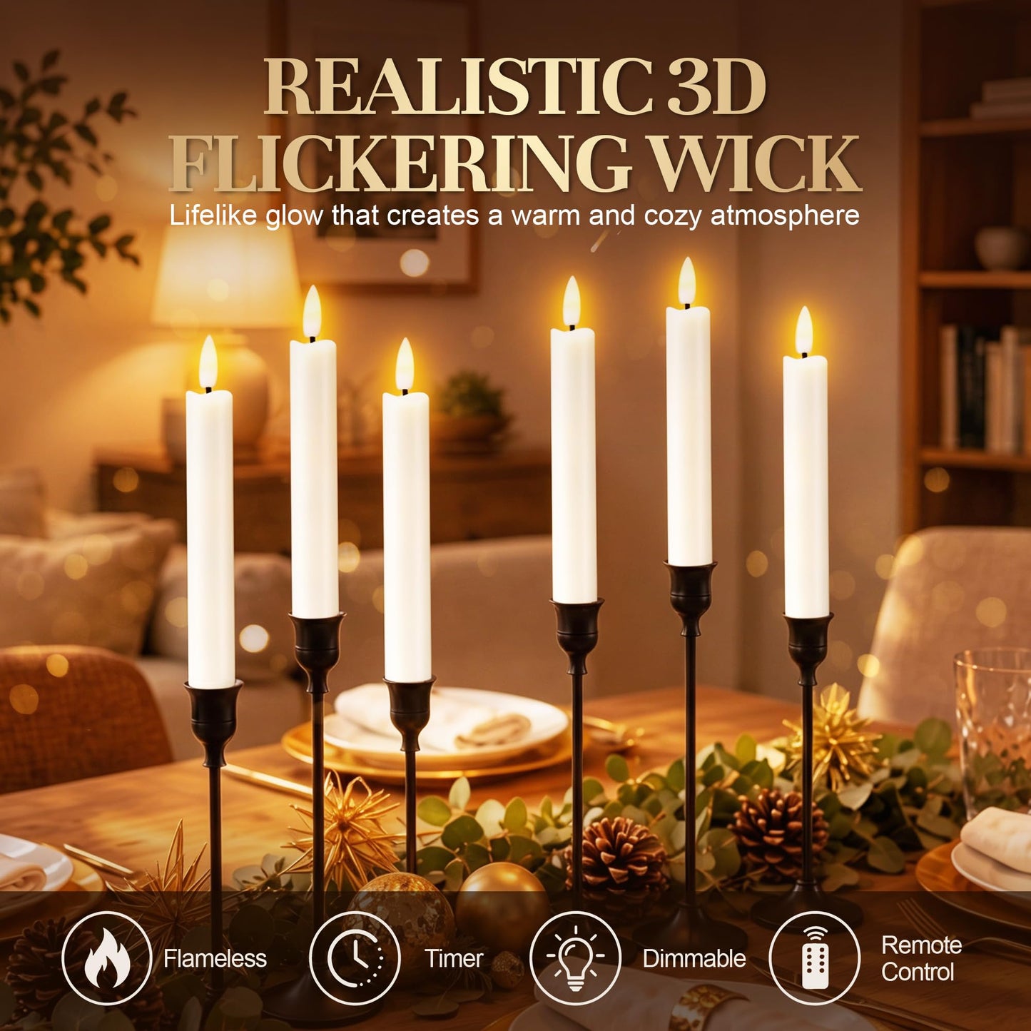 Enhon 6 Pack Flameless Taper Candles with Remote & Batteries, 6.5" Ivory LED Candle Sticks, 3D Flickering Wick, Timer & Dimmable, 624+ Hour Battery Operated Candles for Home, Wedding & Christmas Decor