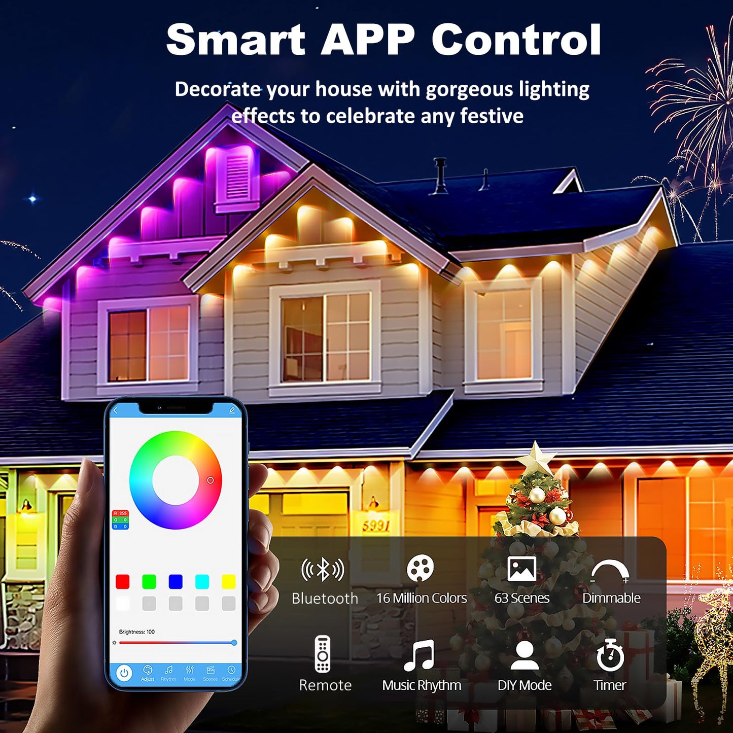 Permanent Outdoor Lights for House, 100ft 36 RGB LEDs Smart LED Eaves Light with Remote, 63 Scene Modes, IP67 Waterproof, Outdoor Christmas Light LED String Lights for Home Daily Holiday Party Decor