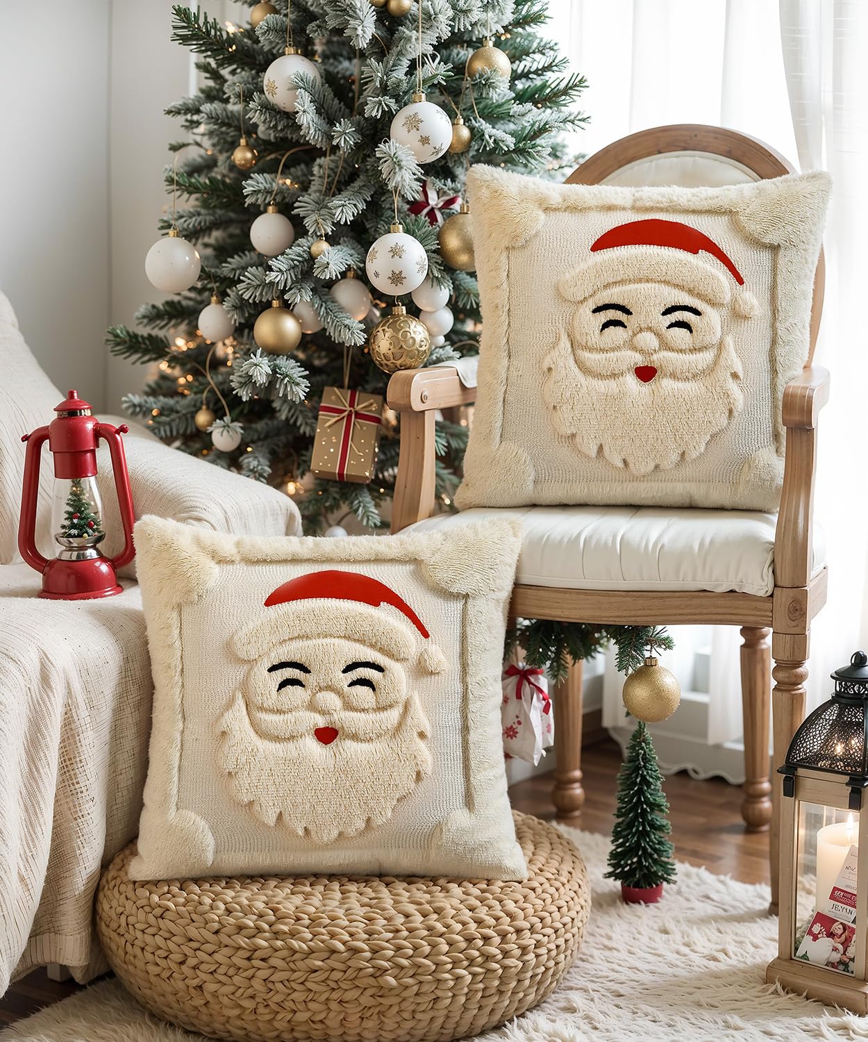 SEGXCFL Christmas Pillow Covers Set of 2 Soft Plush Faux Fur Pillow Cases 3D Embroidered Decorative Couch Cover Home Decor Christmas Throw Pillow Covers 18x18,Beige Santa Clauss