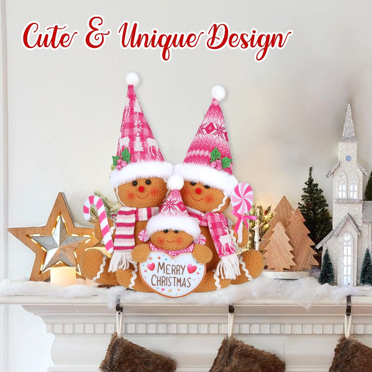 HMASYO Pink Gingerbread Family Christmas Gnome Decoration, 14 Inch Plush Gingerbread Candy Christmas Stuff Figurines for Home Fireplace Window Tabletop Tiered Tray Holiday Xmas Decor (Pink)