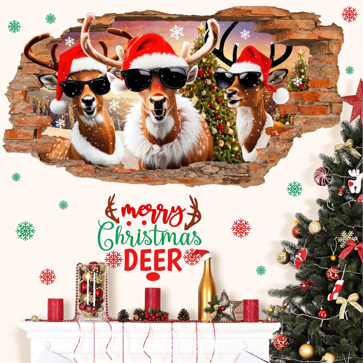 Christmas Wall Stickers Decoration Merry Christmas Wall Decals Peel and Stick 3D Winter Broken Walls Sticker Indoor Xmas Cartoon Deer Vinyl Art Mural for 2026 New Year Holiday Party Supplies