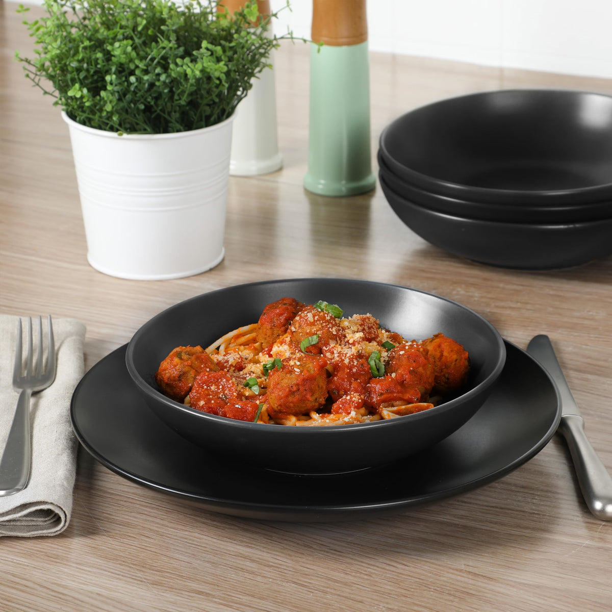 Gibson Home Queenslane 16 Piece Double Bowl Plates and Bowls Dinnerware Sets - Matte Blue