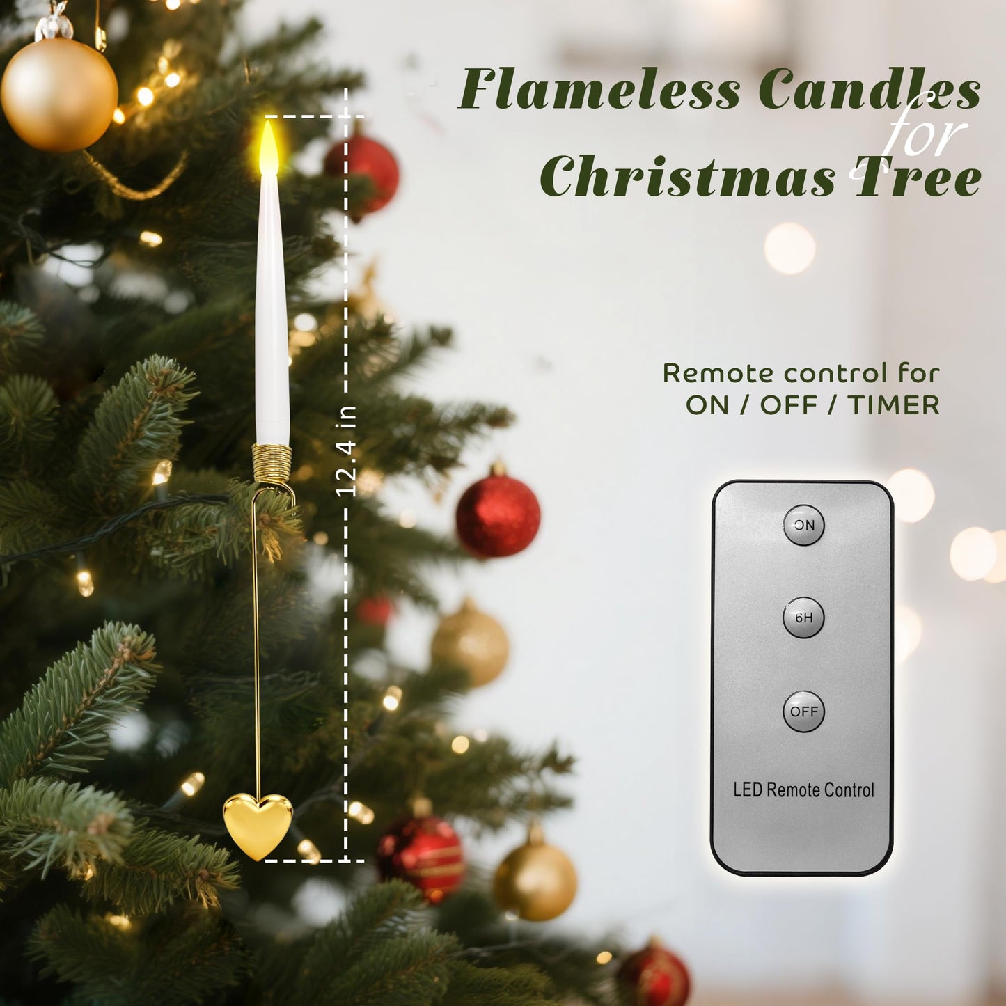 LUSHARBOR Christmas Tree Candles, 10 Pack Flameless Taper Candles for Christmas Tree Decor, Fake LED Candle Battery Operated with Remote for Xmas Wedding Home Gift with Gold Heart Hook