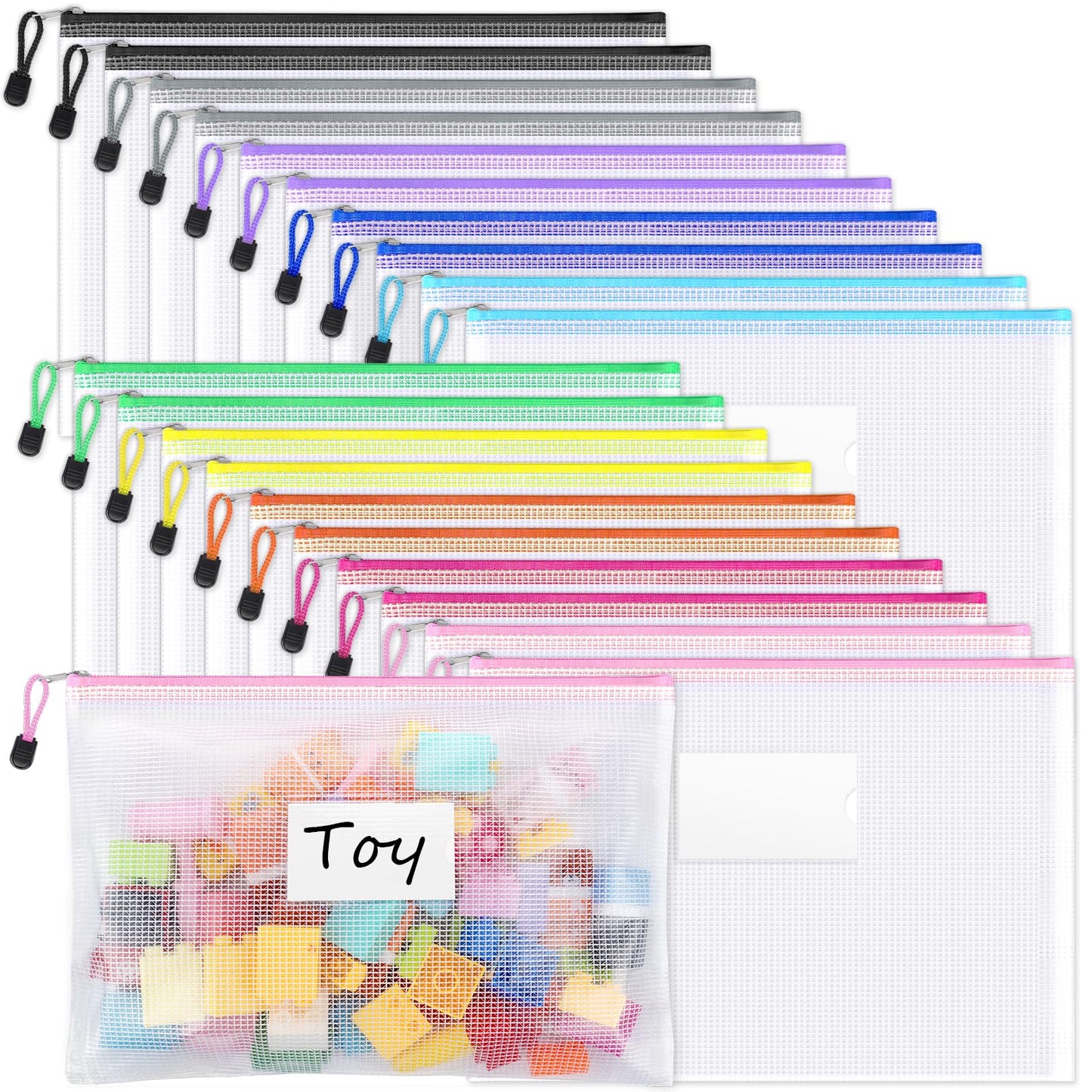 Sooez 20 Pack Mesh Zipper Pouch Bags, A4 Letter Size, Zipper Bags with Label Pocket, Waterproof Pouches for Classroom Organizer, Board Game Toy Storage, Document Bag for Teacher School Office Supplies