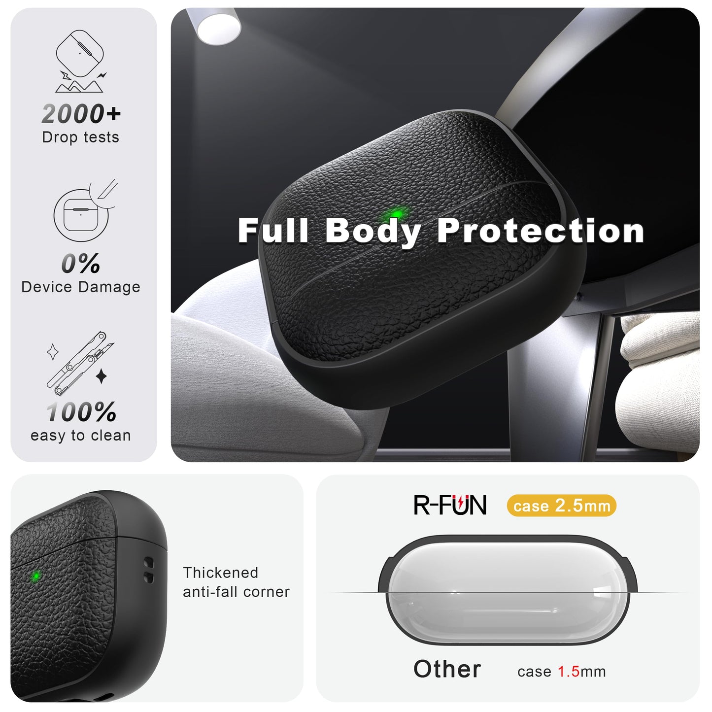 R-fun for Airpods 4 Case, Soft TPU (Leather-Like Design) Drop Protection Cover for Men and Women with Lanyard and Cleaner Kit, Compatible with Apple Latest Airpods 4th Gen(USB-C)(2024)-Black