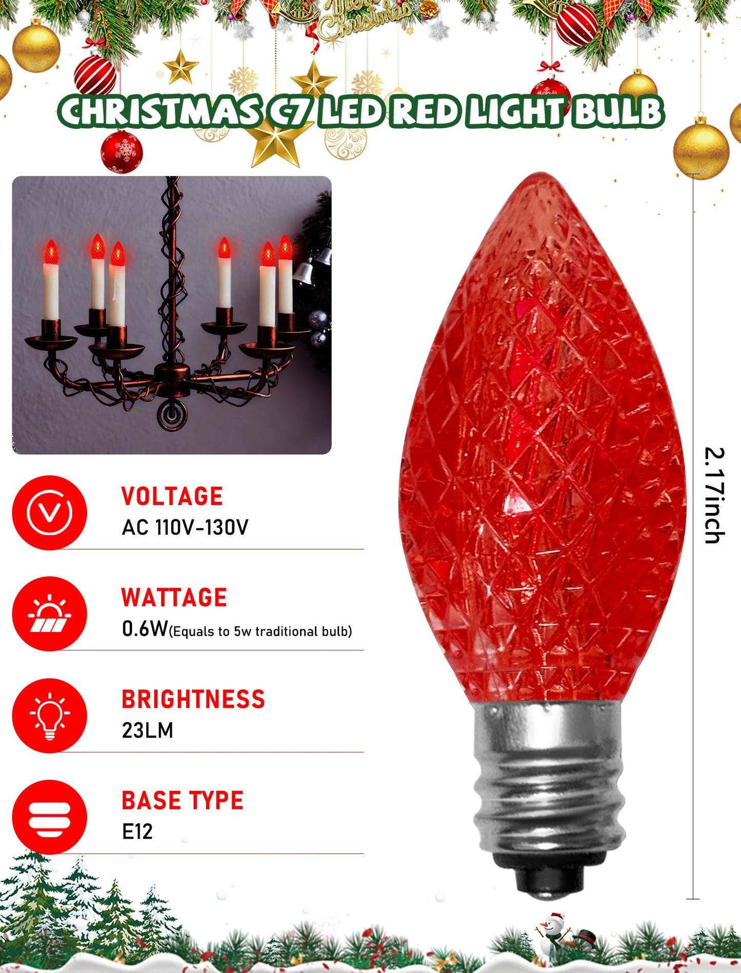 25 Pack C7 LED Replacement Light Bulbs, Shatterproof Christmas C7 LED Red Lights Bulbs for Outdoor String Lights Patio Party Window Candles Chandelier Decor, E12/C7 Candelabra Base, 2700K Warm White