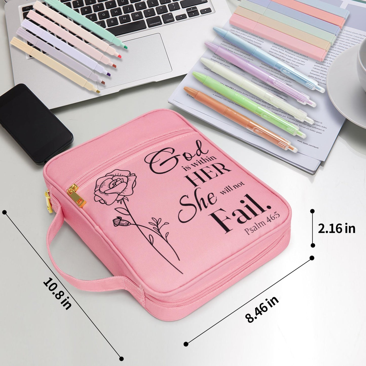 Bible Cover for Women, Bible Holder, Bible Study Supplies Accessories Bible Cover Carrier Carrying Organizer Bag, Zipper and Pockets for Standard Size Bible, Gift for Women（pinksuit）