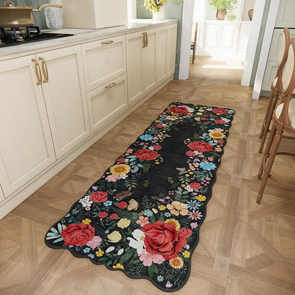 Kitchen Rug Runners for Hallways: 2x6 Washable Runner Rugs for Kitchen Ultra Thin Stain Resistant Non Slip Low Pile Lightweight Vintage Floral Carpet for Laundry Room, Bedside Decor (Black)