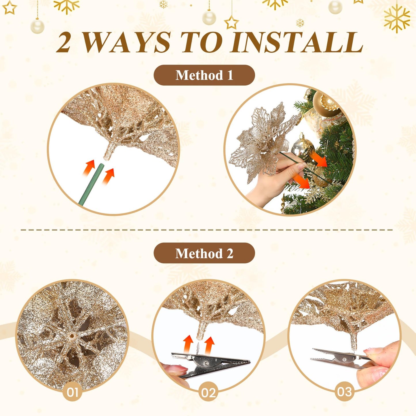 Alupssuc 24 PCS Christmas Tree Decorations, 12 PCS Poinsettia Flowers Artificial+6 PCS Glitter Holly Berry Stems+6 Berry Leaves Christmas Tree Picks for Party Wreath Fireplace, Champagne Gold