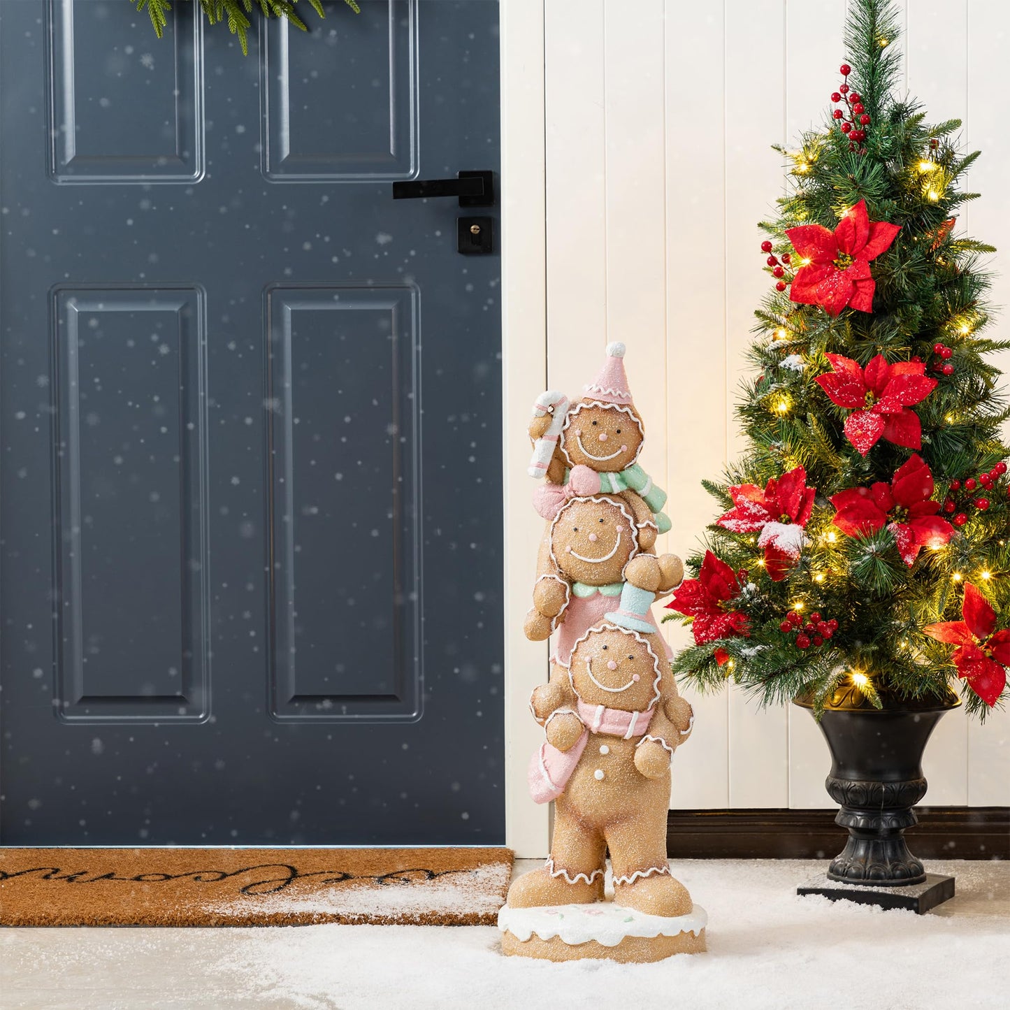 Glitzhome Christmas Gingerbread Man Porch Decor, 29.25" Stacked Macaron Pink Resin Outdoor/Indoor Holiday Yard Statue, Hand-Painted Festive Display for Entryway