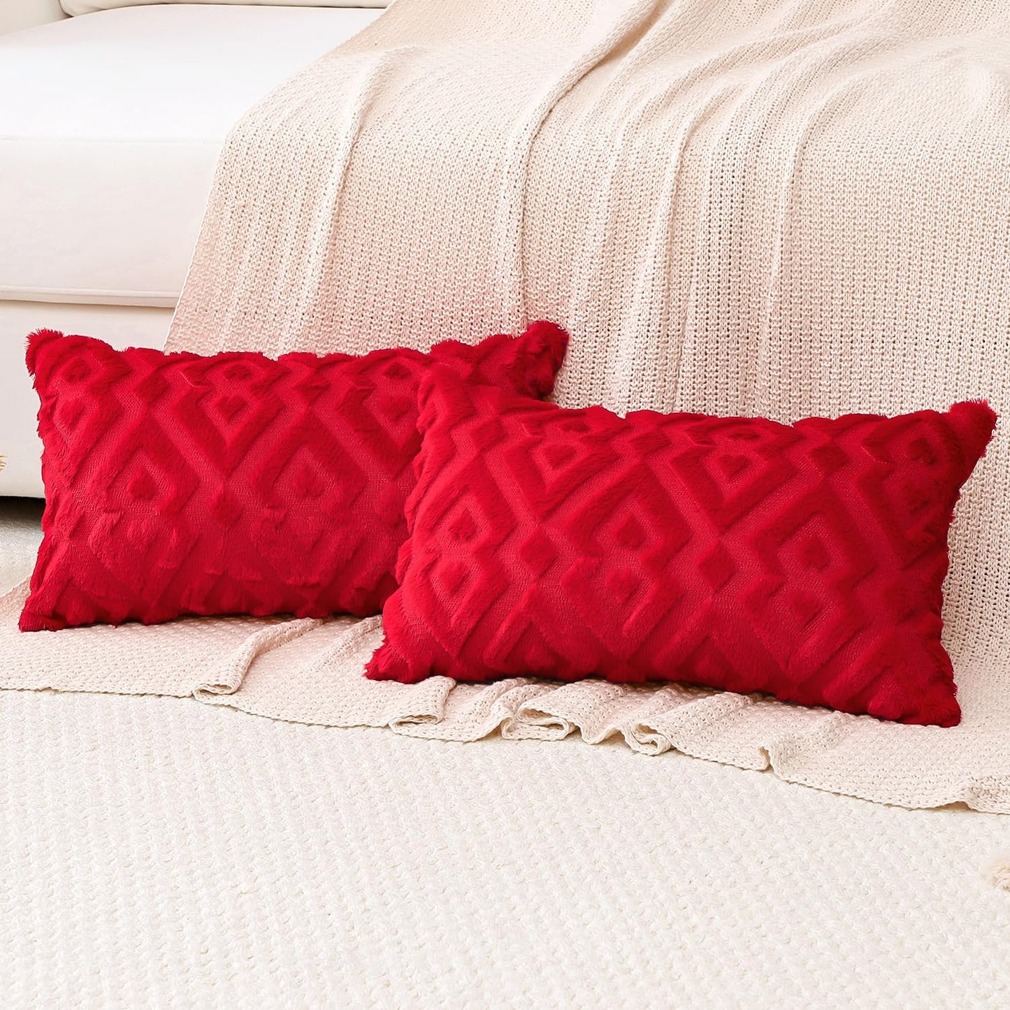 Artscope Pack of 2 Soft Plush Short Wool Velvet Decorative Throw Pillow Covers Luxury Style Cushion Covers Christmas Pillow Shell for Sofa Bedroom Diamond Shape Red, 16x24 Inch