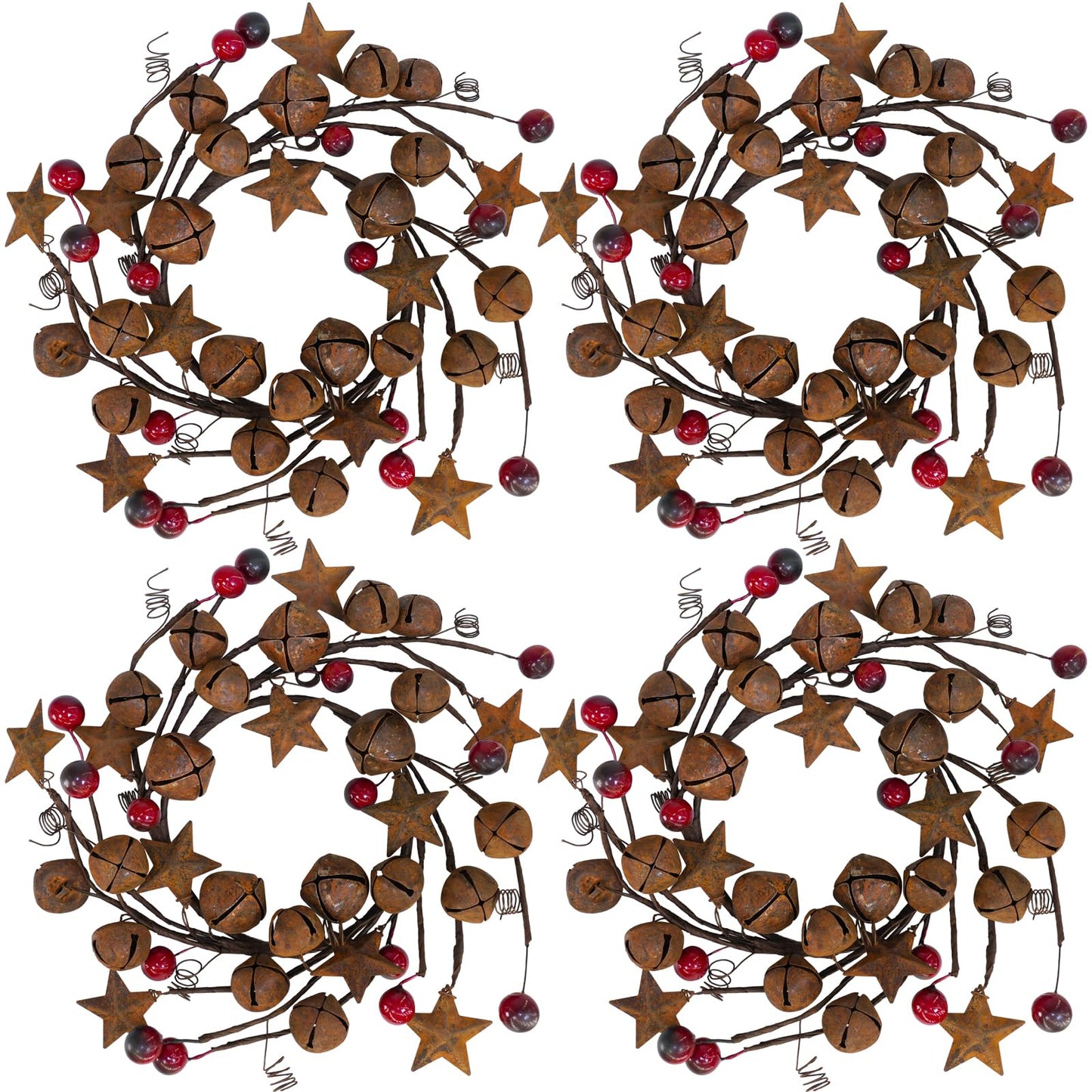 Winlyn 4 Pcs Christmas Jingle Bells Candle Rings Rusty Bells and Stars Wreaths Burgundy Berries 4.1" Center Mini Decorative Wreaths for Primitive Farmhouse Holiday Home Table Decoration Centerpiece
