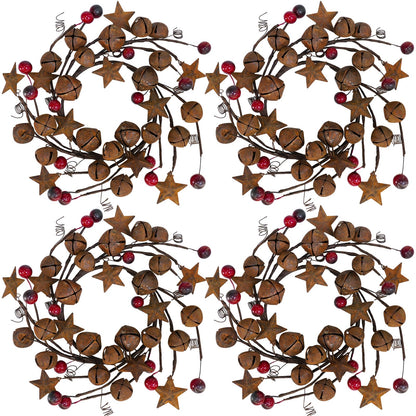 Winlyn 4 Pcs Christmas Jingle Bells Candle Rings Rusty Bells and Stars Wreaths Burgundy Berries 4.1" Center Mini Decorative Wreaths for Primitive Farmhouse Holiday Home Table Decoration Centerpiece