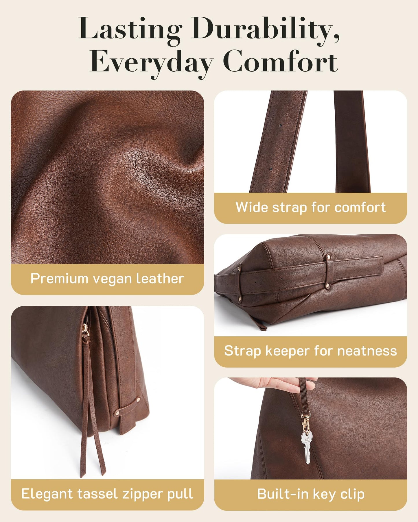 Missnine Hobo Bag for Women Designer Purse Shoulder Handbags Vegan Leather Tote Bag Large Crossbody Bags with Multi-Pockets,Coffee