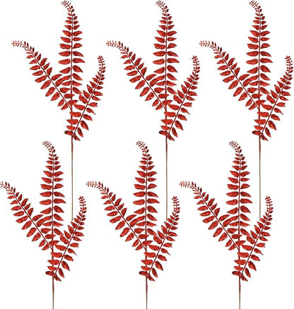 DILATATA 6Pcs Christmas Glitter Leaves Boston Fern Leaves 25" Artificial Red Fern Leaf Picks Sprays Giltter Stems for Christmas Tree DIY Xmas Wreath Garland Home Decor - Red