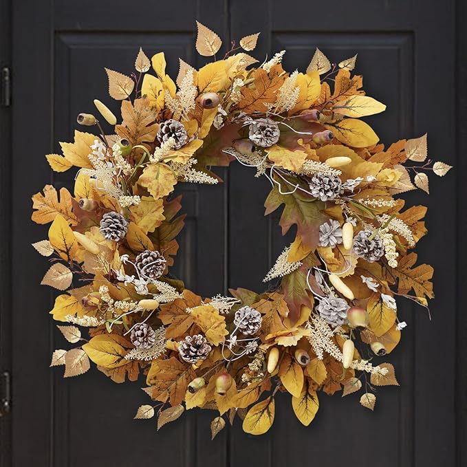 Fall Wreath for Front Door, 24 Inch Autumn Wreath with Pine Cones, Grain Ears, Oak Leaves and Maple Leaves Fall Decorations for Home, Artificial Flowers Harvest and Thanksgiving Indoor & Outdoor