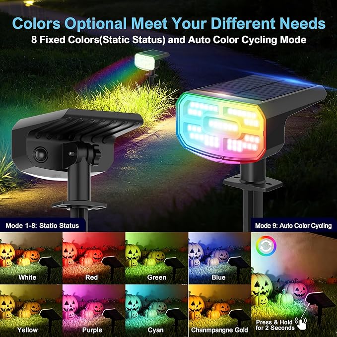 Color Changing Solar Spot Lights Outdoor Waterproof IP65,9 Lighting Modes Multicolor RGB Halloween Spotlight for Porches Yard Gardens Landscape Deconrations-2 Pack