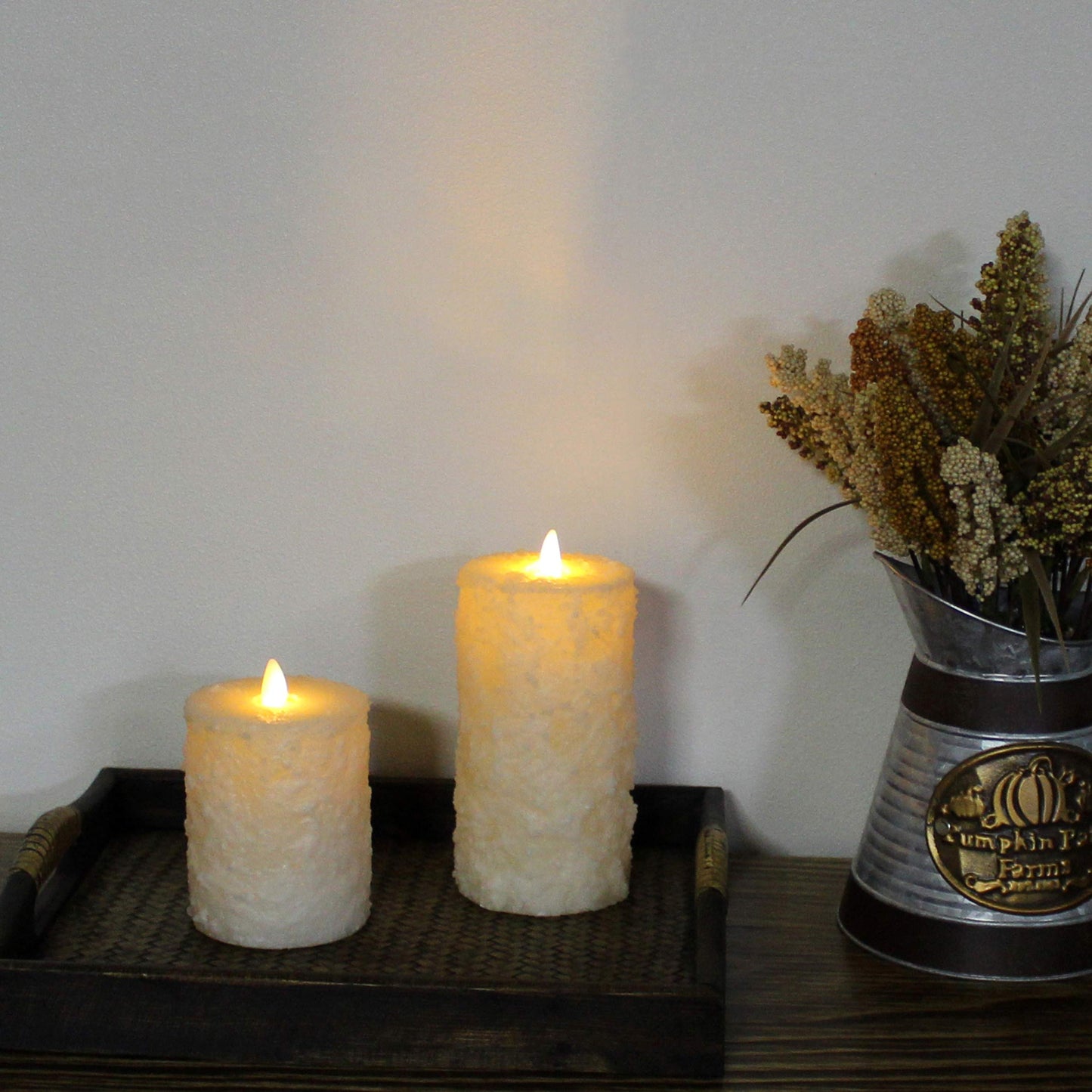 CVHOMEDECO. Rustic Textured Flameless Battery Operated LED Pillar Candles with Timer and Remote Control, Farmhouse Real Wax Flickering Dancing Flame Lights, H 6 & 4 Inch, Set of 2, Ivory
